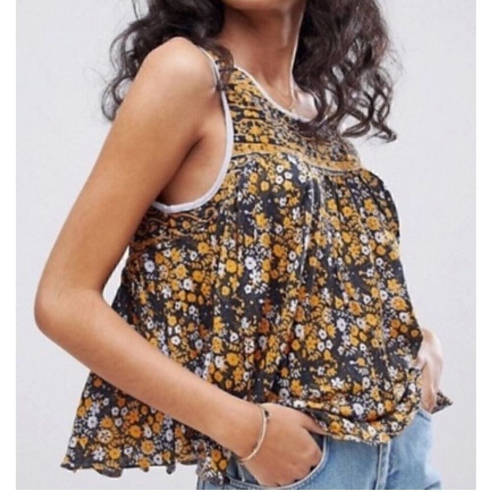87- Free People Lucky Coin BOHO PRINT swing crop Babydoll Tank Top Shirt sz S